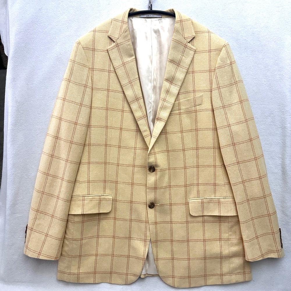 Hickey Freeman Milburn II 42L Blazer Wool Silk Linen Windowpane Yellow Jacket